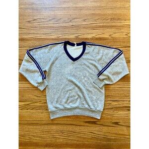 VTG 70s Sportswear Raglan Split V Neck 3 Stripe Sweater Sweatshirt Med Gray Blue